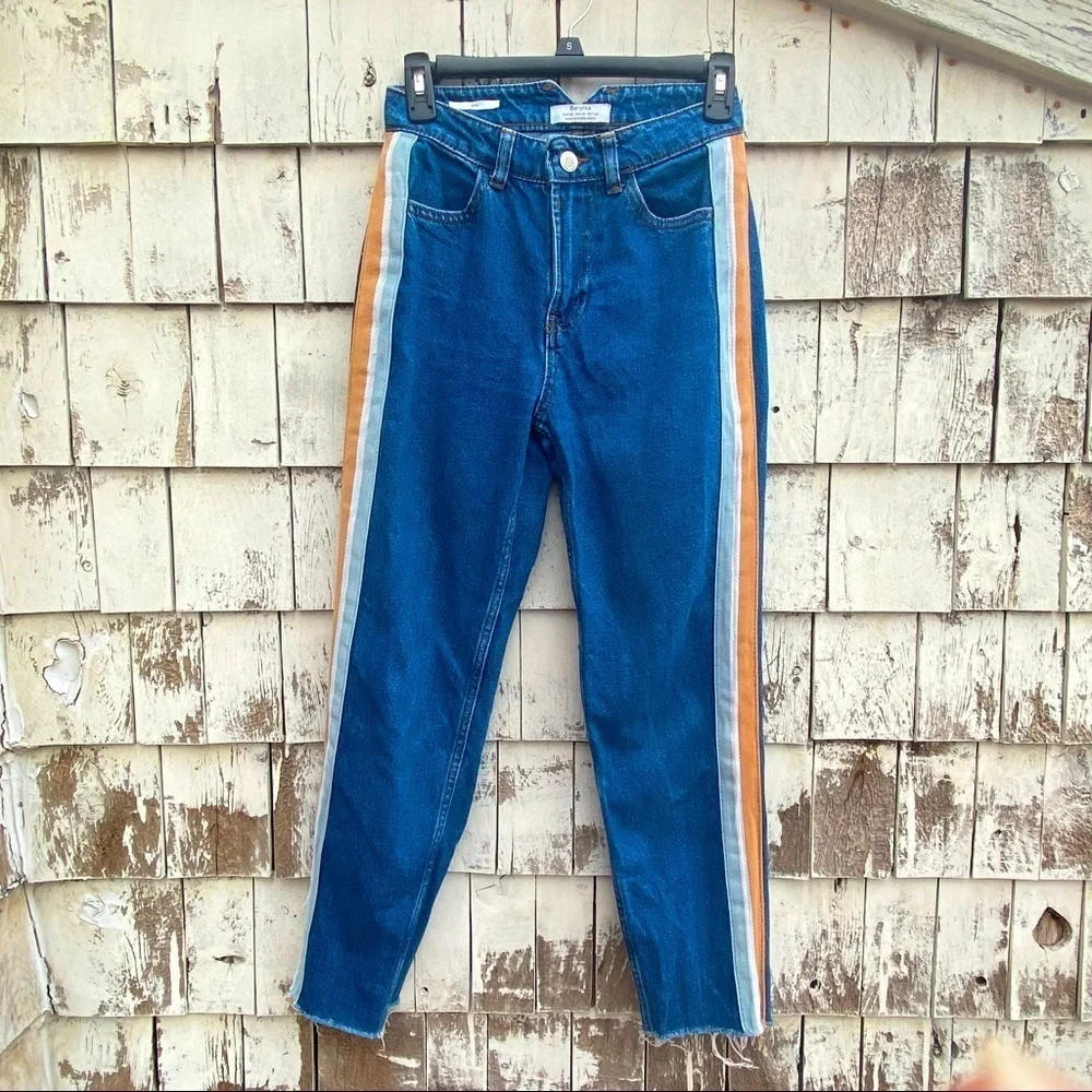 Bershka Mom High Rise Raw Hem Stripe Jeans